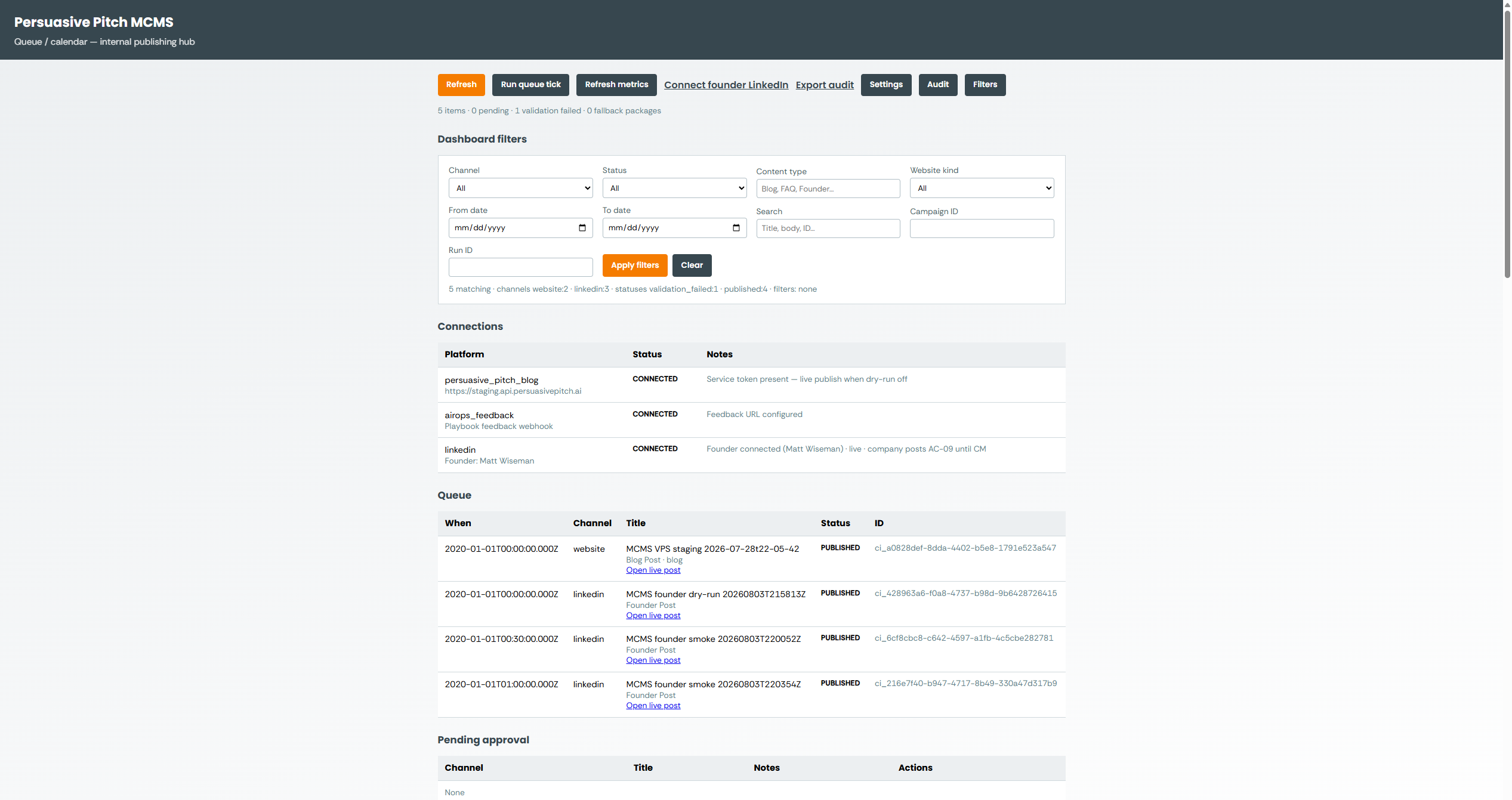 Full MCMS Admin Hub page