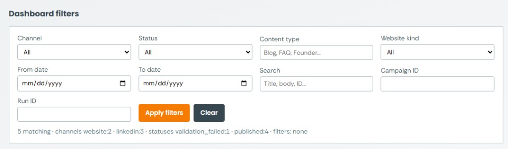 Dashboard filters panel