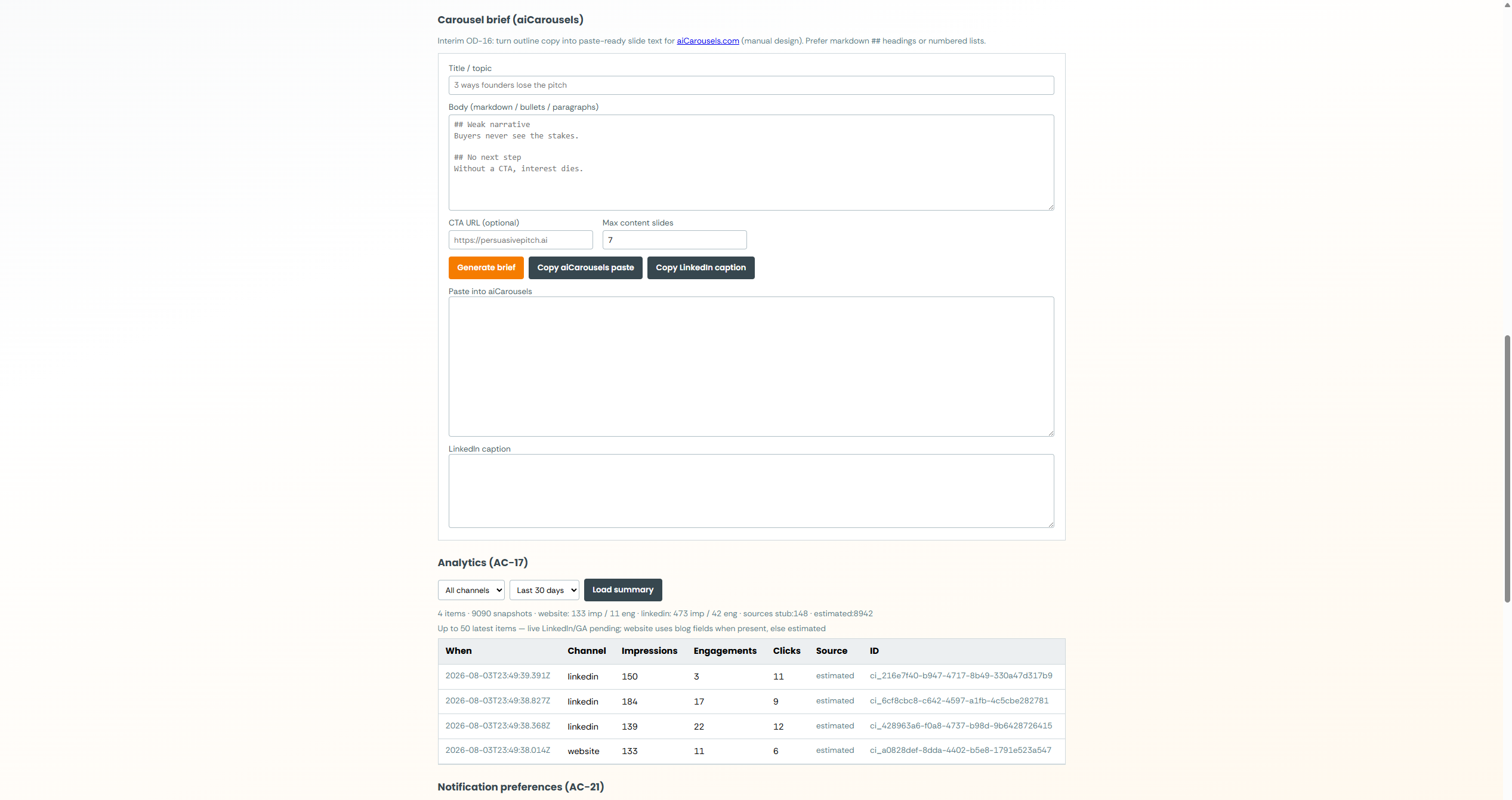 Carousel brief form and Analytics panel