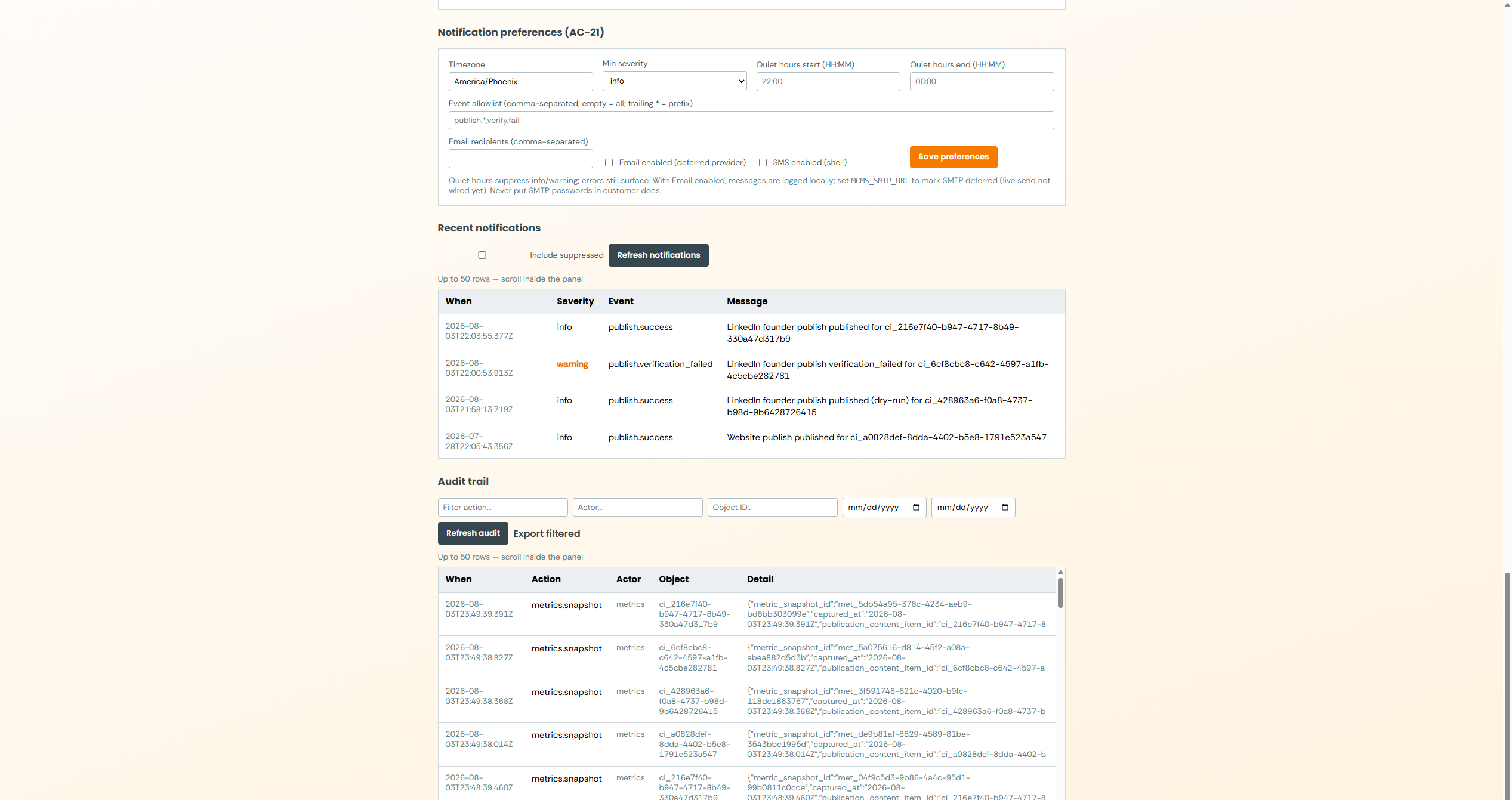 Notification preferences, notifications, and audit trail